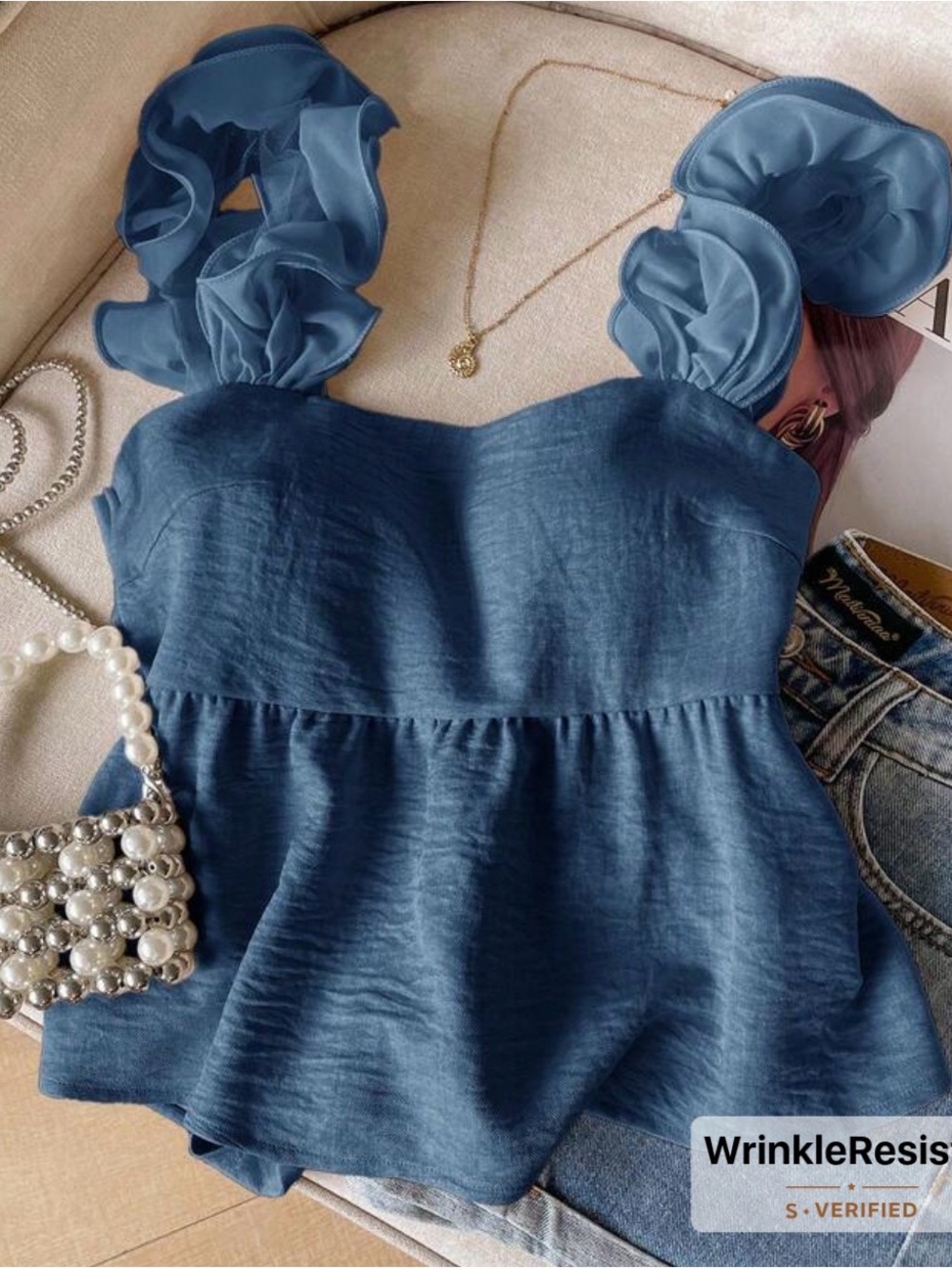 Ruched Sleeve Blue Women’s Peplum Top